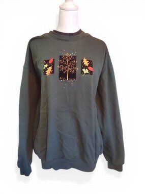 Vintage Forest Green Autumn Fall Leaves Y2k Crew Neck Sweatshirt Size 3X
